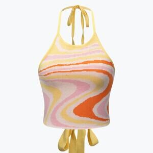 Micas Swirl Knit Retro Wavey Cropped Halter Open Back Top - L